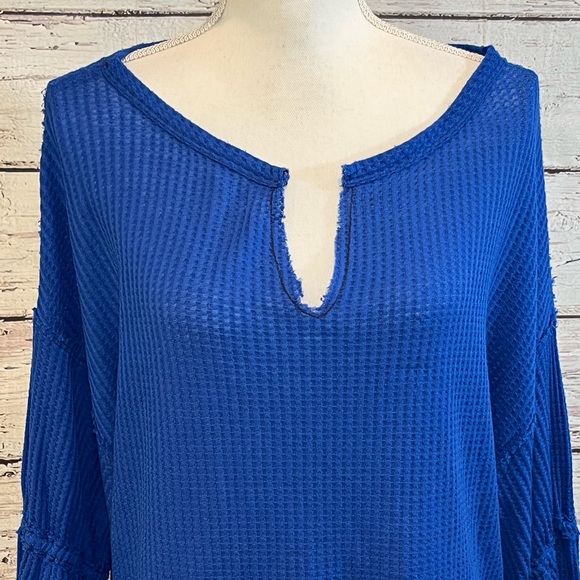 FREE PEOPLE "We the Free" Long Sleeve Top Waffle Weave Blue-Small - Picture 2 of 4